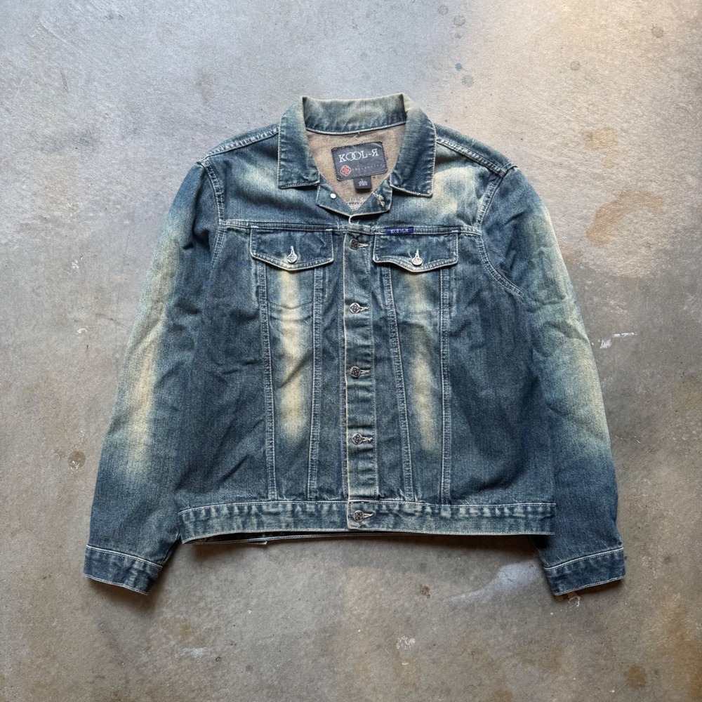 Kool-R Collection Mens Blue Tinted Sandblasted Denim Trucker Jacket Large Y2K
